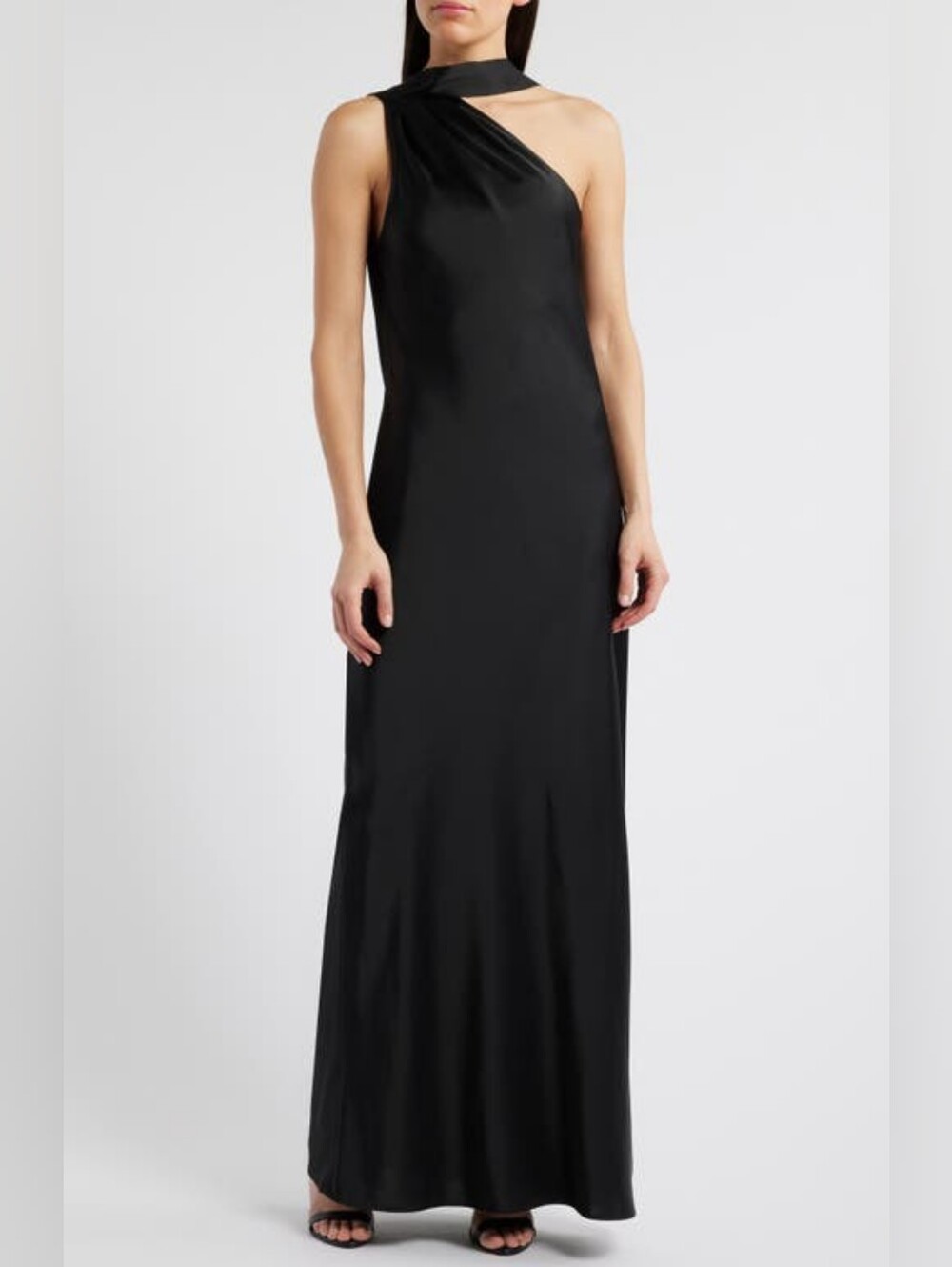 Wayf One-Shoulder Black Satin Evening Dress Small